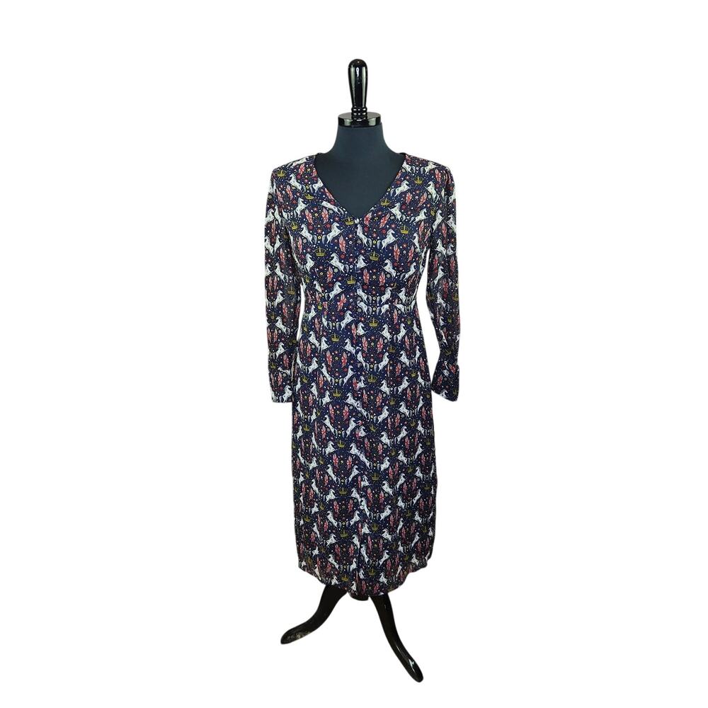 Boden Dress Navy Blue Royal Print Horses Crowns Union Jack Flags Midi